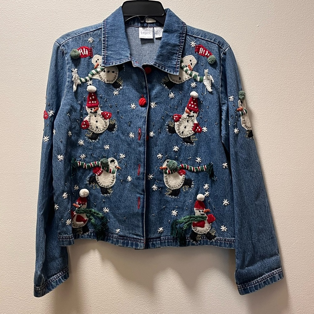 Bleu Bayou Whimsical Novelty Kitschy Chic Snowman Appliqué Denim Jacket, Sz S/P